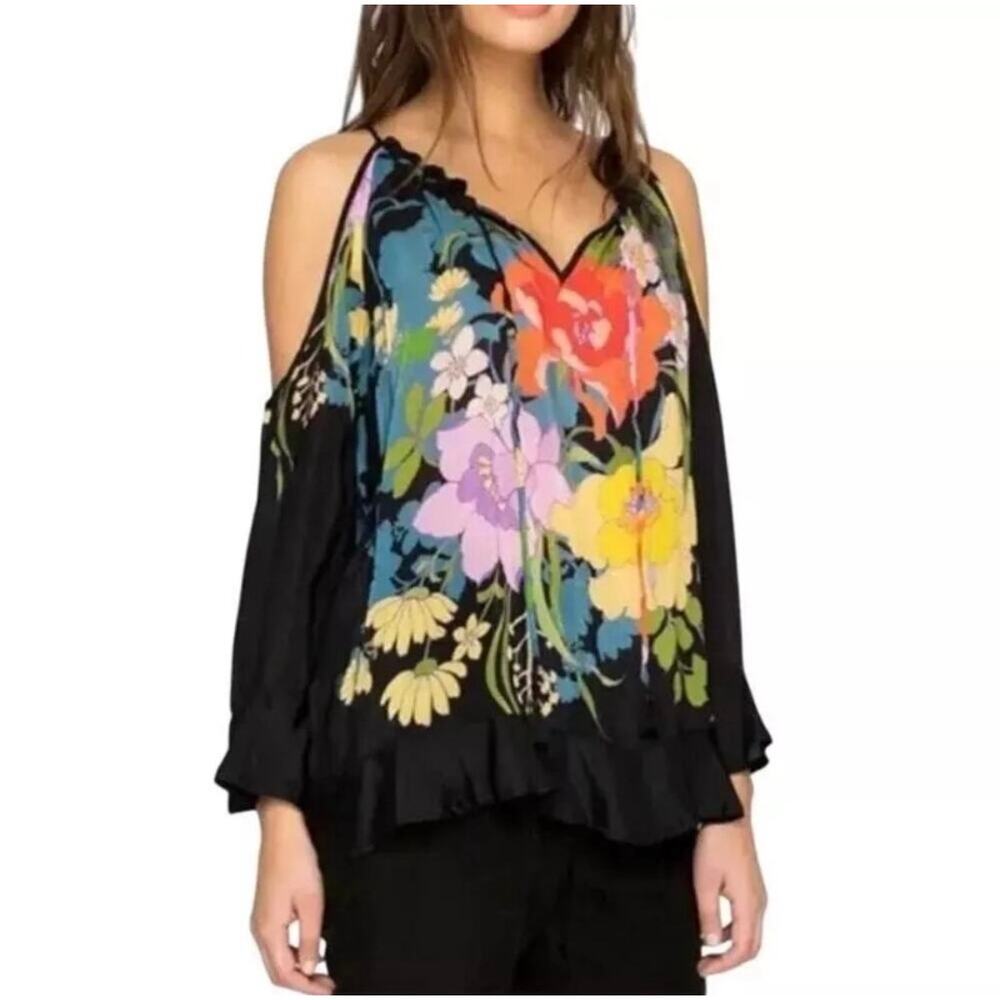 Johnny Was Fusion Cold Shoulder Bold Floral Print Boho Tie Blouse M